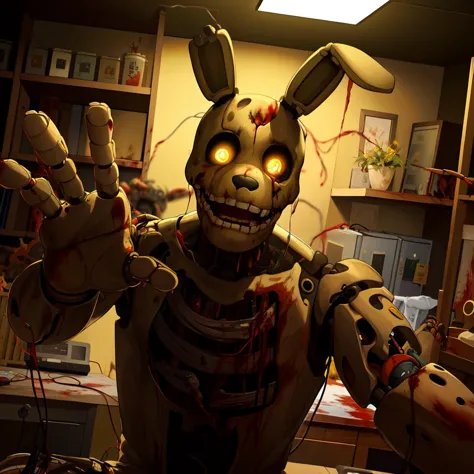 Masterpiece, ultra detailed, realistic,  1boy, man, springtrap, rabbit, yellow, rotten, dirty, animatronic, robot, (reaching out...