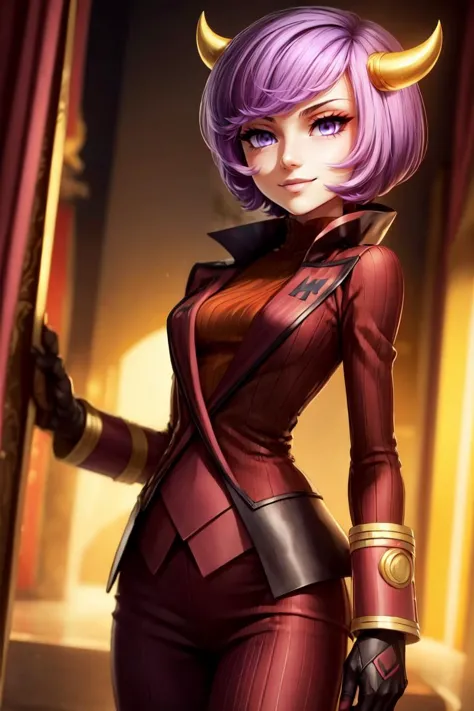 a woman in a red suit with horns and a purple hair