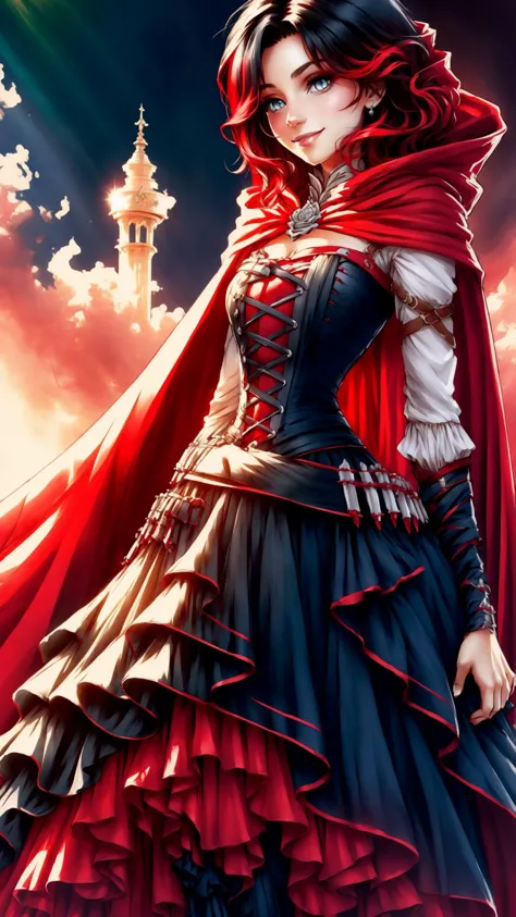 a woman in a red cape and black dress standing in front of a castle