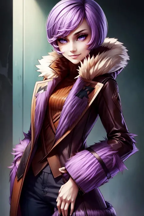 a woman with purple hair and a purple coat is posing