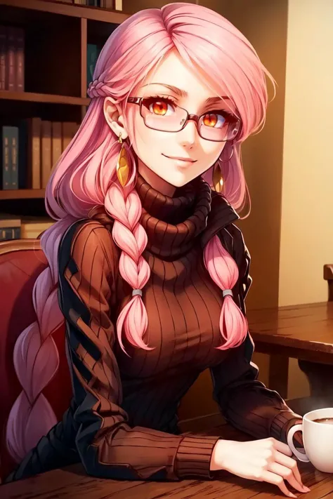 ((masterpiece, best quality)), anime style, <lora:more_details:0.5>, <lora:Malva_Pokemon_v2:0.8>, malva (pokemon),  1girl, solo, orange eyes, pink hair, long hair, twin braids, braid, sunglasses, tinted eyewear, smiling, looking at viewer, cowboy shot,,  turtleneck sweater, earrings, library, cup of coffee, sitting at table