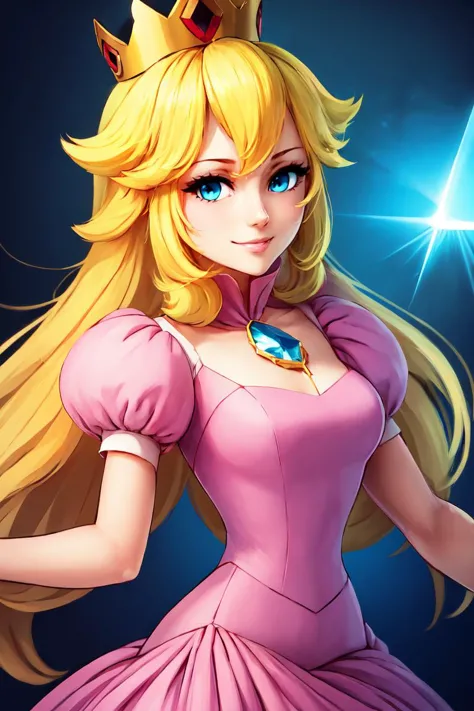 (chef-d&#39;œuvre, Meilleure qualité), Style animé,   Princesse Peach, 1fille,  cheveux blond, yeux bleus, sourire, cheveux longs, couronne, robe, gemme, gants, pink robe, puffy manches courtes, Manches bouffantes, manches courtes, white gants, seulement, regarder le spectateur, sourire, 
réfraction,