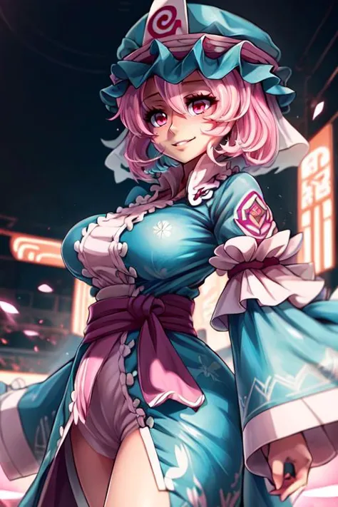 ((Meisterwerk, beste Qualität)), Anime-Stil, saigyouji_Yuyuko_touhou, 1 Mädchen, Allein, Kurzes Haar, pinkes Haar, rosa Augen,  Haube, Blauer Hut,  blauer Kimono, große Brüste,  Allein, lächelnd, Betrachter betrachten, Cowboy-Schuss,