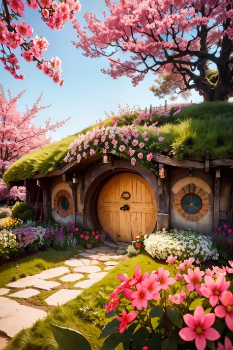 ((masterpiece, best quality)), <lora:Hobbit_Hole:0.8>, high resolution, highly detailed,  Hobbit Hole,  flower, day, tree, no hu...