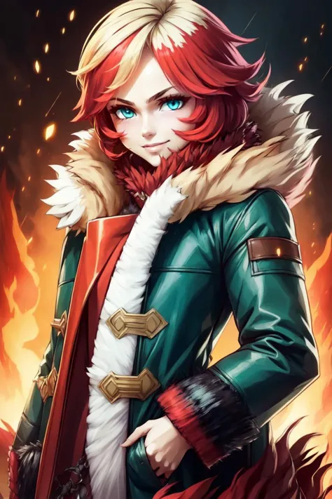 a woman in a green coat and red hair with a fur collar