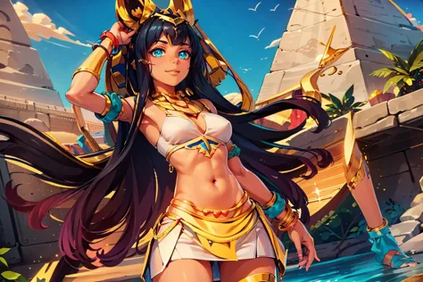 a woman in a bikini and gold outfit standing in front of a castle