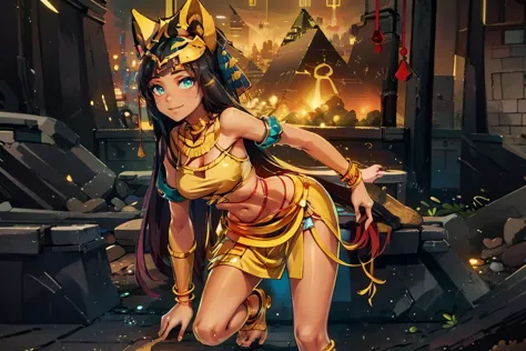 (pyramid, outside, science fiction,  futuristic, city background:1.1), 
((masterpiece,best quality)), absurdres, <lora:Ramesses_v1_Anime:0.8>, ramesses_ii,  1girl, solo, dark skin, solo, smiling, jewelry, gold, priestess, long skirt, 
contrapposto, dynamic pose,
looking at viewer, <lora:Necron_Architecture:0.7>, Necron_Architecture, obelisk, 
<lora:Egyptian_Icons:0.5>, Egyptian_Icons, still life, gold, sparkle, golden outfit, iridescent gold, golden necklace, golden anklets, golden bracelets, golden belt, golden chain decoration,