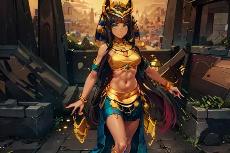 a woman in a gold outfit and a blue skirt standing in front of a city