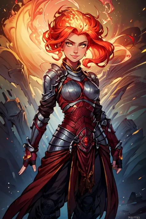 a woman in armor with a red hair and a sword