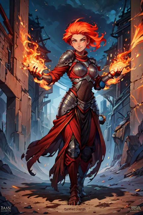 ((masterpiece,best quality)), absurdres, <lora:Fiery_Hair:0.8>, Fiery_Hair, fiery hair, glowing,  1girl,  solo, smiling, looking at viewer, cowboy shot,  shiny metal, full body armor, breastplate, fingerless gloves, shoulder armor, gauntlets,
<lora:add_detail:0.5>,