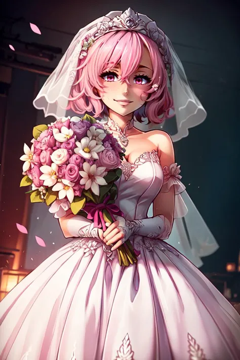 ((masterpiece, best quality)), anime style, <lora:more_details:0.5>, <lora:Saigyouji_Yuyuko_Touhou:0.8>, Saigyouji_Yuyuko_Touhou, 1girl, solo, short hair, pink hair, pink eyes,  solo, smiling, looking at viewer, cowboy shot,  bride, wedding dress, bridal veil, strapless dress, elbow gloves,  holding bouquet,