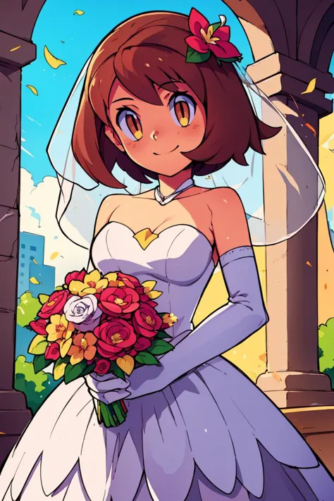 ((masterpiece, best quality)), <lora:Bold_CAT:0.8>,   <lora:Gloria_Pokemon:0.8>,  gloria (pokemon), 1girl, solo,  smile, looking at viewer, ,   bride, wedding dress, bridal veil, strapless dress, elbow gloves,  holding bouquet,