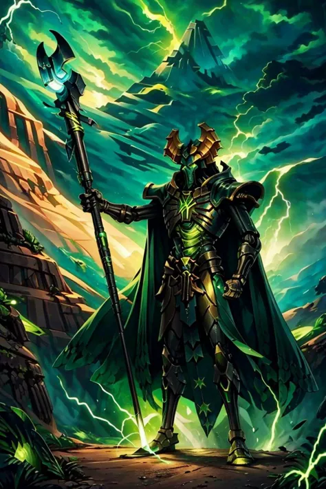 ((masterpiece,best quality)), anime style,  <lora:Necron_Lord:0.8>, detailed robot face, glowing eyes,  Necron Lord, 1boy, holding, standing, weapon, male focus, outdoors, horns, sky, cloud, cape, holding weapon, helmet, staff, glowing eyes, lightning, green glow, cowboy shot,  <lora:Necron_Architecture:0.5>,  electricity, green glow, green theme,