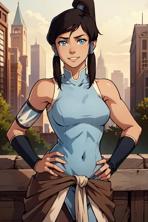 ((masterpiece,best quality)), absurdres,
<lora:Korra_v3:0.7>,
korra, long hair, black hair, bare shoulders, medium breasts, ponytail, hand on hip, hair tubes, armlet, vambraces, topknot, 
solo, smile, looking at viewer, cowboy shot, ,