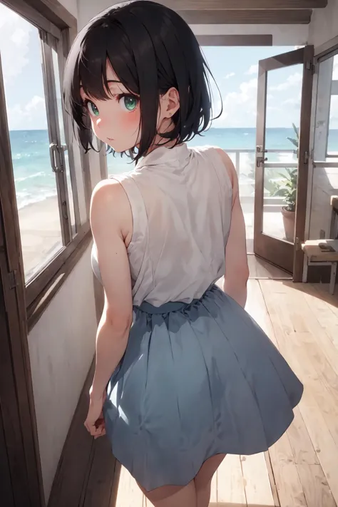 A cute girl is standing in an indoor setting with white curtains, wind, blue sky, and blue sea in the background. The scene has ...