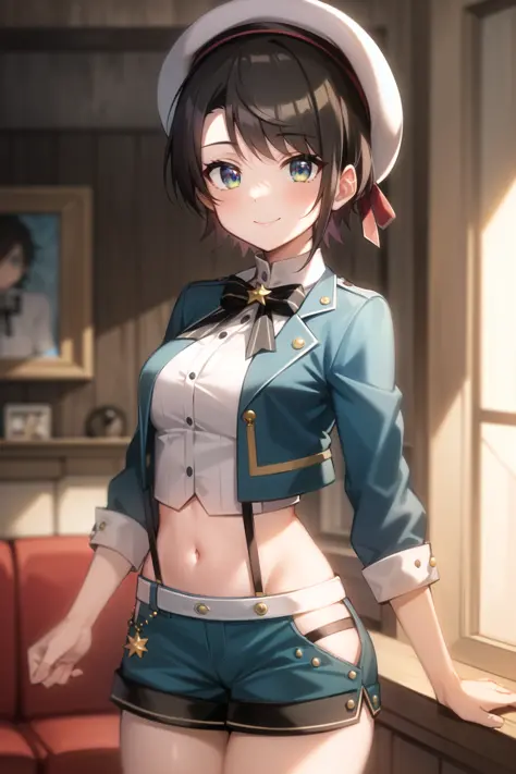 2d, masterpiece, best quality, anime, highly detailed face, highly detailed eyes, highly detailed background, perfect lighting, cowboy shot, 1girl, solo, oozora subaru, multicolored eyes, black bowtie, blue jacket, cropped jacket, midriff, blue shorts, short shorts, suspender shorts, beret, smile, standing, living room <lora:subaru-20:1>