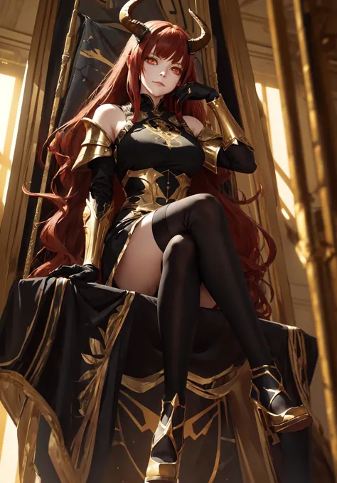 (masterpiece, best quality:1.2), 1female, ((smug)), big horns, long hair, red hair, (glowing eyes), black and gold dress, light ...