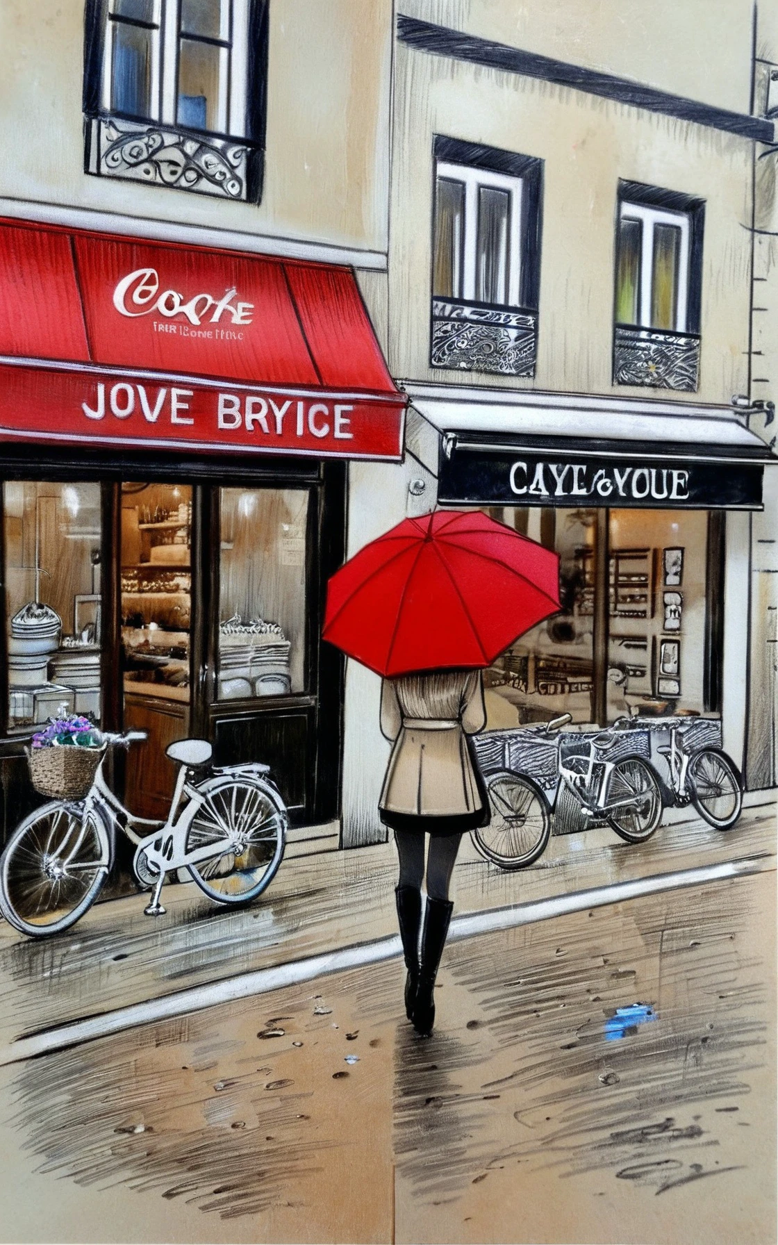 傘を持って通りを歩く女性の絵 - SeaArt AI