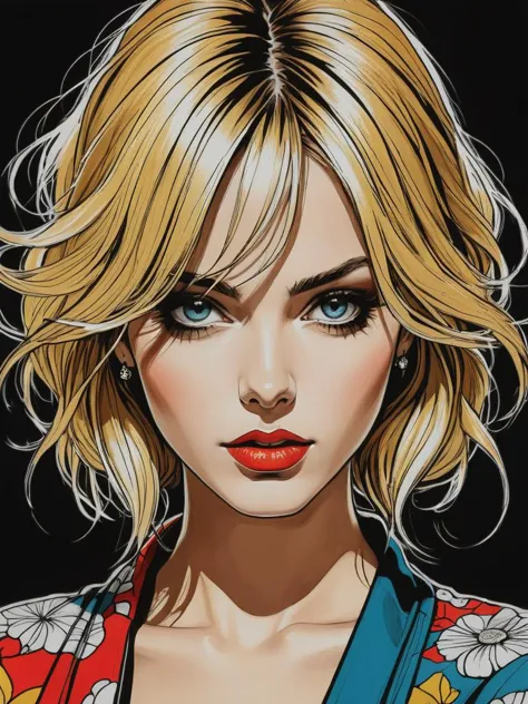 by LOUI JOVER, Manga style art, vibrant, high-energy, detailed, iconic, Japanese comic style, manga, of a busty young woman by Edward Corbett and Albert Bertelsen and William Etty, stunningly beauty, blonde, bold lines, hyper detailed, dark limited palette...