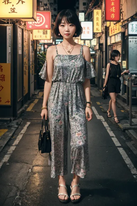 A night Hong Kong street,
a well lit adult woman poses wearing a Floral jumpsuit, wedge sandals, shoulder bag, pendant necklace,...