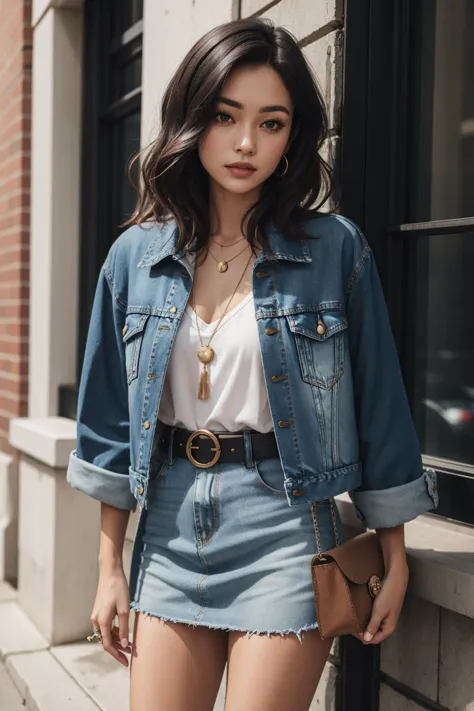 a portrait  of  beautiful Cropped denim jacket, floral dress, ankle boots, woven belt, statement ring