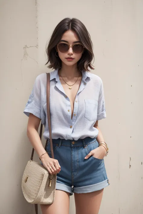 a portrait  of  beautiful Linen shorts, linen button-up shirt, espadrilles, crossbody bag, cuff bracelet