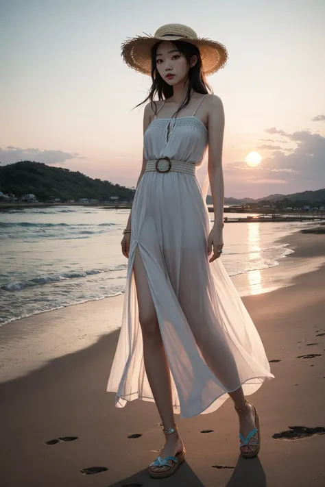 a woman in a white dress and hat standing on a beach