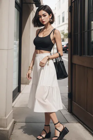 a portrait  of  beautiful Cropped tank top, midi skirt, strappy sandals, woven tote, dainty bracelet
