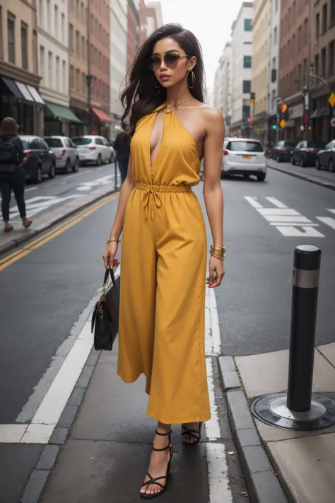 a portrait  of  beautiful Cropped jumpsuit, wedge sandals, shoulder bag, cuff bracelet, sunglasses