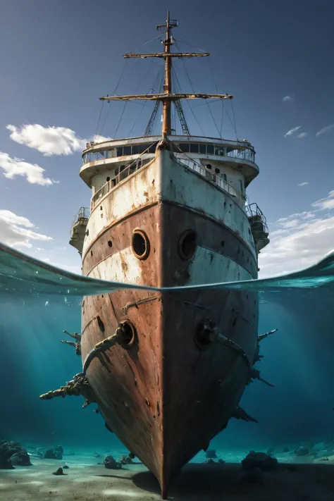 Underwater Photography of a [Expressive:Distinctive:2] Sophisticated "The Ship of Guilt", Clear skies, Wide view, (cartoon art designed by Pendleton Ward:1.2) , Ultrarealistic, Organic, Sunlight, HDR, dslr, Low shutter, Colorless, absurdres