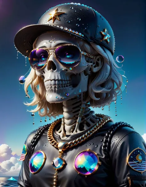 <lora:SkeletoNaut-000009:1>   <lora:Waterdrops_Style_SDXL:1> ais-waterdrops skeletonaut, bling bling, fitted cap, stunna shades, cuban links, ASTRAL CLOUDS