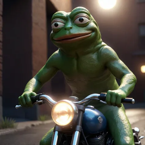 (Pepe the frog riding a motorcycle), (4k, 8k, cinematic, spotlight lighting, extreme detail, ultra quality, HD, high definition, HDR, high dynamic range, octane render, Masterpiece, best quality, colorful, 8k wallpaper, Volumetric Lighting, best shadows, crisp clear ultra definition, hyper realistic realism)