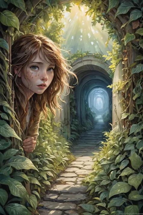 a painting of a girl looking out of a tunnel in a forest