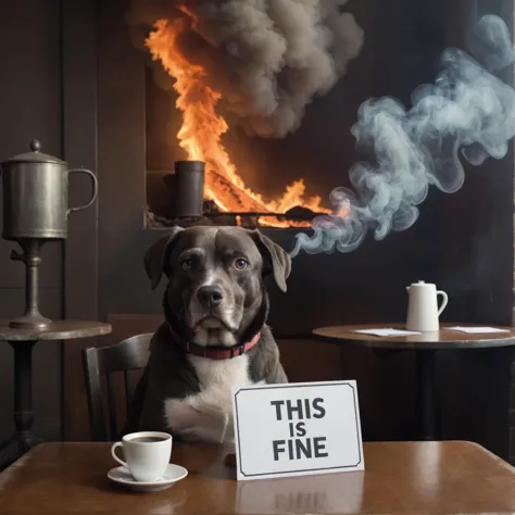 Epic  photo of a   dog wearing a cylinder  he sitting at a table the hole room is burning thick smoke  he drinking coffee he holds a sign "this is fine"