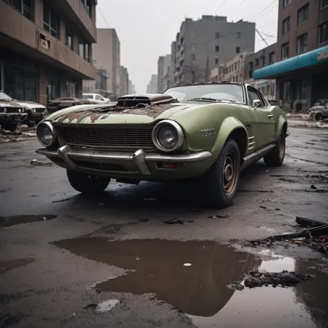 there is a green car parked in a dirty parking lot