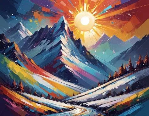 abstract art of a mountain landscape very colorful and epic it's snowing and the sun is going down