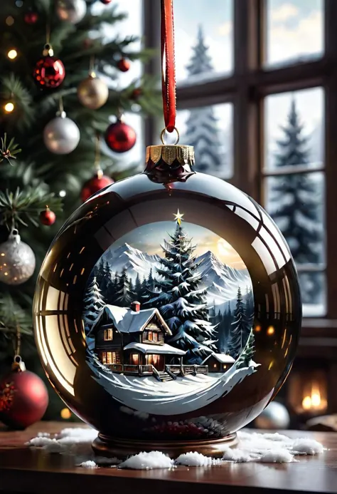 a close up of a christmas ornament with a house in the snow