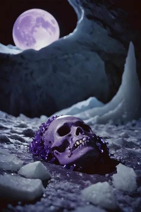 purple skull in the snow with a full moon in the background