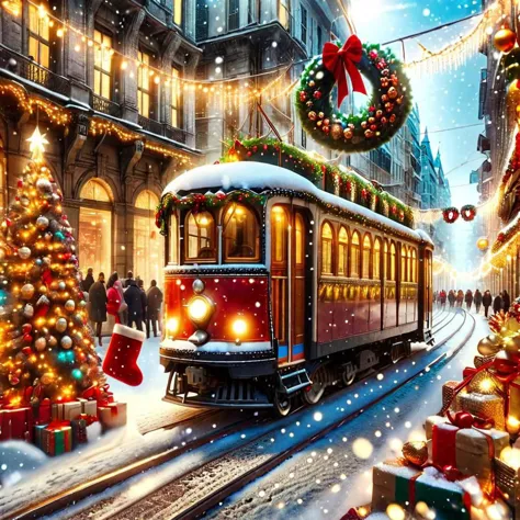 <lora:Christmas_Postcard_Style_XL-000005:0.75>ChristmasDecorativeStyle underground tram, in Istiklal caddesi Taksim,  istanbul, ...