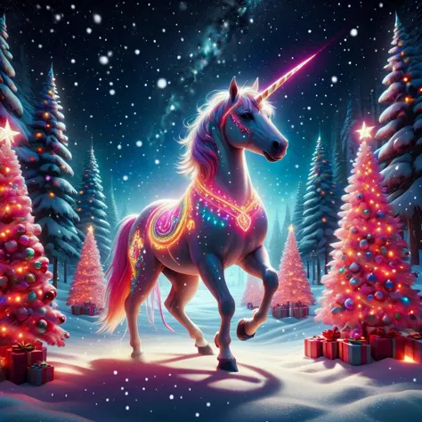 a unicorn is standing in the snow with a christmas tree