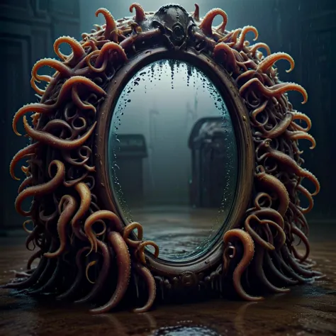 a close up of a mirror with octopus tentacles in it