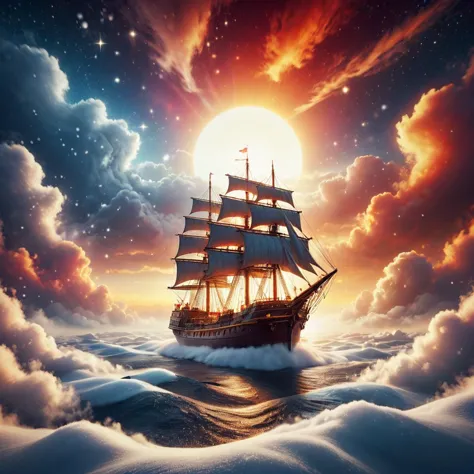 <lora:ChristmasWinteryXL:0.5>ChristmasWintery a ship sailing on clouds towards a sunset