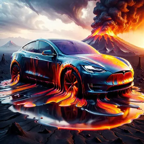 a tesla car ral-melting on a volcano planet