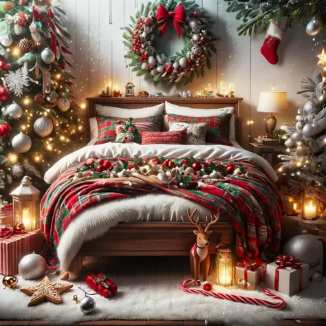 a close up of a bed with a christmas tree and decorations