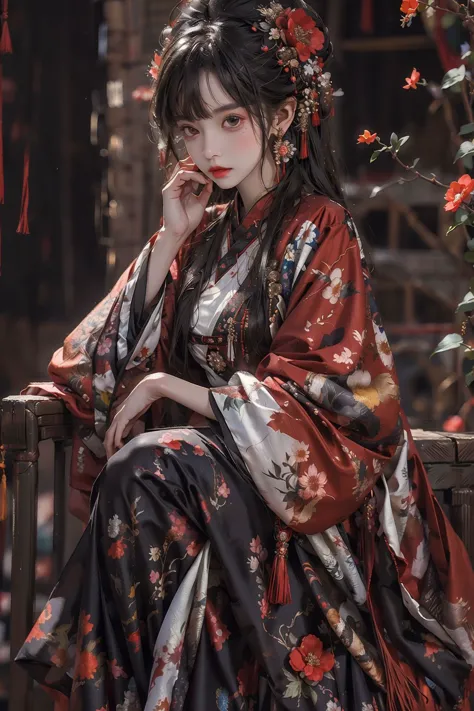 a close up of a woman in a kimono sitting on a bench