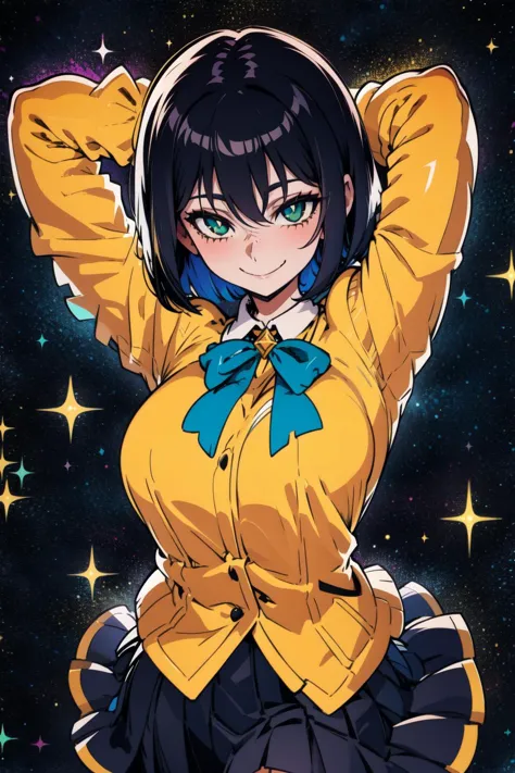 <lora:cheddarcheems-000002:0.9>,  cheddarcheems, black hair, green eyes, short hair, bob cut, arms up, excited, sparkling eyes, sparkle, light particles, volumetric lighting, smile, long sleeves, pleated skirt, from above, arms behind head