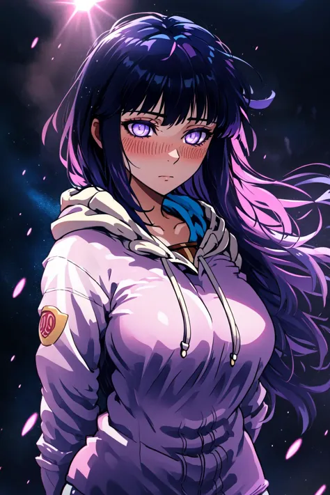 anime girl with long purple hair and blue eyes in a purple jacket