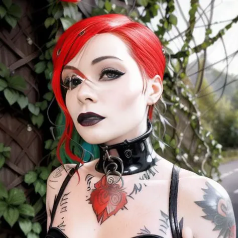 a close up of a woman with red hair and tattoos