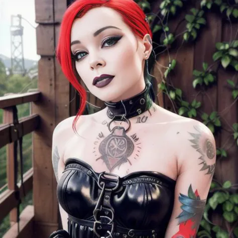 a close up of a woman with red hair wearing a black corset