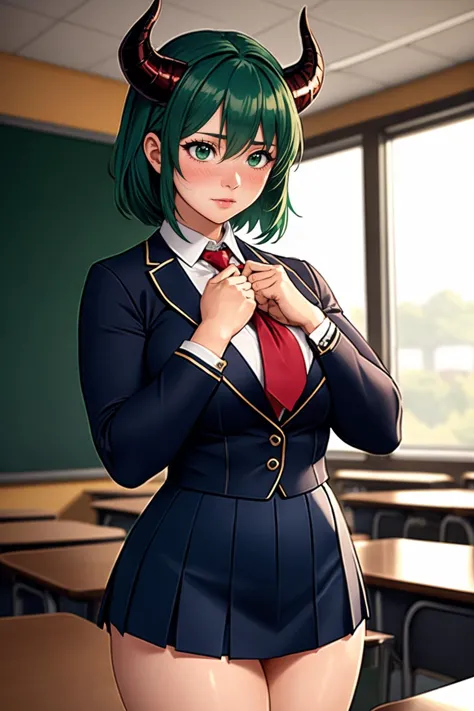 ultra detailed, sharp focus, best quality, masterpiece, colorful, <lora:muscle_slider_v1:1.5> 1 woman, school uniform, green hair, demon horns, blush, hands together, shy, classroom background, best quality, masterpiece, intricate details